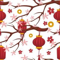 Cinese albero fiorire e rosso lanterne disegni vettore
