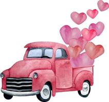 acquerello retrò camion con palloncini. San Valentino giorno camion illustrazione con rosa macchina, fiori e cuori. romanza acquerello macchina. vettore