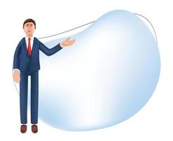3d illustrazione di cartone animato uomo d'affari in piedi nel completo da uomo con dito puntamento su vuoto schermo isolato su bianca sfondo vettore