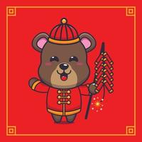 carino orso giocando petardi nel Cinese nuovo anno. vettore cartone animato illustrazione adatto per manifesto, opuscolo, ragnatela, mascotte, etichetta, logo e icona.