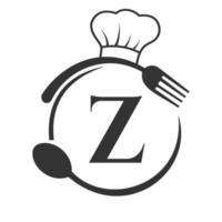 ristorante logo su lettera z concetto con capocuoco cappello, cucchiaio e forchetta per ristorante logo vettore