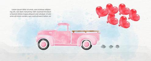 rosa retrò camion consegna rosso festa Palloncino nel un' cuore forma nel acquerello stile e esempio testi su blu e bianca carta modello sfondo. vettore
