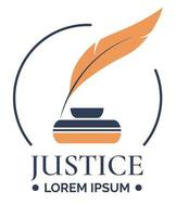 giustizia, logotipo con piuma e inchiostro vettore