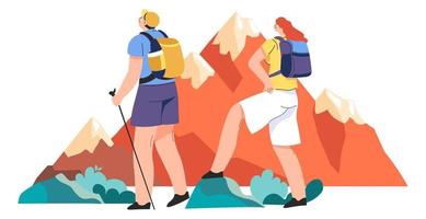 coppia alpinismo, uomo e donna su montagne vettore