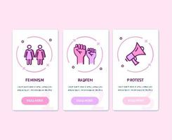 femminismo App schermi ragnatela banner carte impostare. vettore