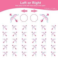 sinistra o giusto gioco per prescolastico bambini. San Valentino foglio di lavoro attività per bambini. formazione scolastica matematica stampabile foglio di lavoro per conteggio Come molti siamo sinistra e Giusto. vettore illustrazione.
