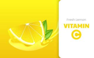 vitamina c solubile effervescente pillole con Limone gusto. realistico Limone affettato con verde foglia, acida fresco frutta, luminosa giallo scorza. vettore realistico manifesto di Limone succo con spruzzo e gocce.