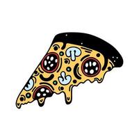 fetta di caldo Pizza vettore icona. mano disegnato semplice scarabocchio isolato su bianca. triangolare pezzo di cottura al forno con peperoni, funghi, olive, formaggio. italiano veloce cibo su magro Impasto. piatto clipart