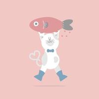 carino e bello mano disegnato gatto e pesce, contento San Valentino giorno, amore concetto, piatto vettore illustrazione cartone animato personaggio costume design