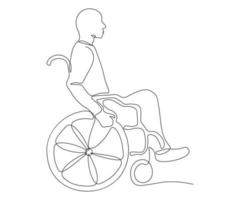 un' persona è seduta nel un' sedia a rotelle, disegnato a mano, continuo mono linea, uno linea arte, contorno disegno vettore