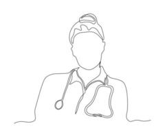 astratto medico senza un' viso con un' stetoscopio, disegnato a mano, continuo mono linea, uno linea arte, contorno disegno vettore