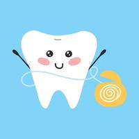 carino dente con dentale filo kawaii stile. dente carattere. pulizia denti con dentale filo interdentale. vettore illustrazione. piatto cartone animato stile.