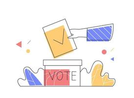 concetto di elezione, voto, democrazia. mano di elettore lancio carta con dai un'occhiata marchio in scrutinio scatola. schema, linea arte vettore. vettore
