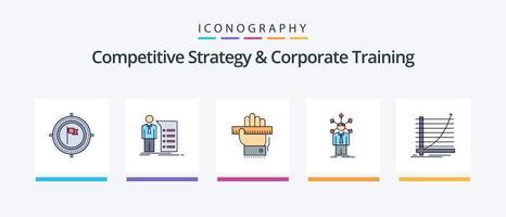 competitivo strategia e aziendale formazione linea pieno 5 icona imballare Compreso sviluppare. analisi. soluzione. scuola. formazione scolastica. creativo icone design vettore