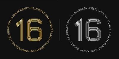 16 ° compleanno. sedici anni anniversario celebrazione bandiera nel d'oro e argento colori. circolare logo con originale numeri design nel elegante Linee. vettore