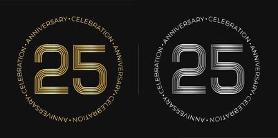 25 compleanno. venticinque anni anniversario celebrazione bandiera nel d'oro e argento colori. circolare logo con originale numeri design nel elegante Linee. vettore