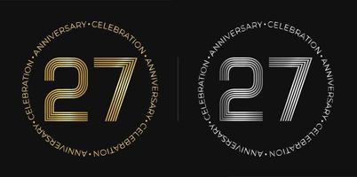 27th compleanno. ventisette anni anniversario celebrazione bandiera nel d'oro e argento colori. circolare logo con originale numeri design nel elegante Linee. vettore