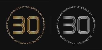 30 compleanno. trenta anni anniversario celebrazione bandiera nel d'oro e argento colori. circolare logo con originale numeri design nel elegante Linee. vettore