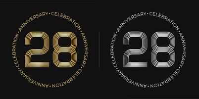 28th compleanno. ventotto anni anniversario celebrazione bandiera nel d'oro e argento colori. circolare logo con originale numeri design nel elegante Linee. vettore