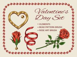 impostato di design elementi per san valentino giorno decorazione con d'oro cuore, Rose, nastro, corda di perline. clip arte. vettore