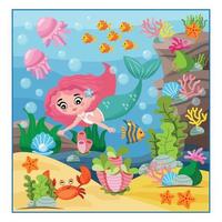 sirena nel il subacqueo mondo, immersioni e nuota. cartone animato stile illustrazione per bambini raffigurante un' sirena circondato di marino animali e impianti. immagine per figli di prenotare, insegnamento AIDS. vettore