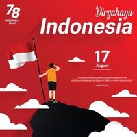 Indonesia indipendenza giorno inviare modello - illustrazione di un' uomo trasporto un' bandiera su il superiore di un' montagna. vettore