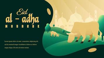 eid al-Adha modello design vettore illustrazione di mucca e capra mangiare erba