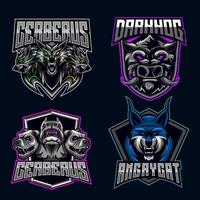 Facocero cerberus gatto personaggio impostato logo e-sport portafortuna design fascio impostato icona collezione vettore illustrazione gioco squadra