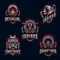 indiano cranio personaggio impostato logo e-sport portafortuna design fascio impostato icona collezione vettore illustrazione gioco squadra