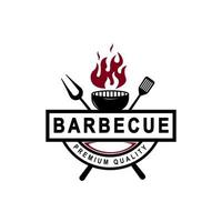 barbecue Vintage ▾ logo concetto. griglia attrezzo con fuoco fiamma francobollo modello. vettore illustrazione