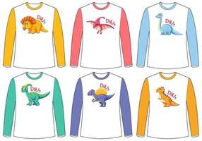 set di diversi schermi di dinosauro di colore su t-shirt a maniche lunghe vettore