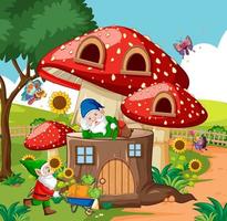 gnomi e casa dei funghi in legno e in giardino in stile cartone animato su sfondo giardino vettore