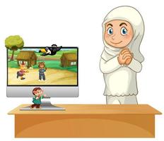 ragazza musulmana accanto al computer vettore
