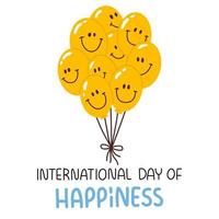 internazionale giorno di felicità con carino cartone animato sorridente facce su palloncini vettore