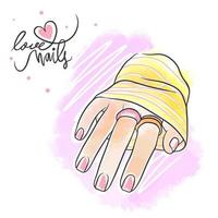 mano con delicato chiodo disegno, rosa cuori, amore chiodo, manicure vettore