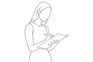 giovane donna d'affari scrittura posa mano disegnato stile vettore illustrazione