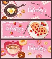 banner per San Valentino giorno con cuori, caffè, dolce dolce e prima colazione. modello per un' ragnatela striscione, cartolina, inviare nel un' sociale Rete. vettore