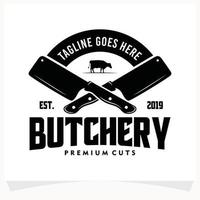 la macelleria negozio logo design modello. mucca e carne mannaia coltello vettore design.