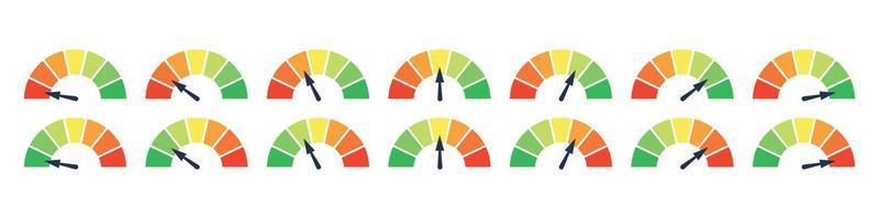 impostato di diverso colorato tachimetri, metro valutare elemento, giudizi di variando gradi di soddisfazione. livello indicatore collezione. vettore isolato illustrazione