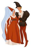medievale coppia, uomo e donna nel vecchio costumi vettore