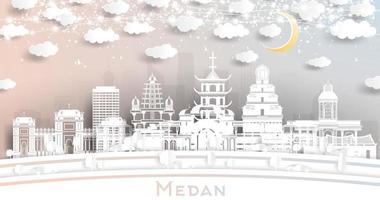 meda Indonesia città orizzonte nel carta tagliare stile con bianca edifici, Luna e neon ghirlanda. vettore