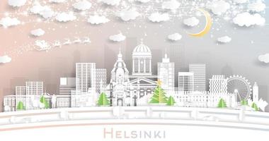 Helsinki Finlandia città orizzonte nel carta tagliare stile con fiocchi di neve, Luna e neon ghirlanda. vettore