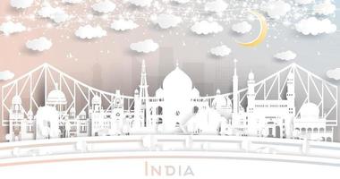India città orizzonte nel carta tagliare stile con bianca edifici, Luna e neon ghirlanda. vettore