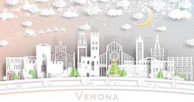 Verona Italia città orizzonte nel carta tagliare stile con fiocchi di neve, Luna e neon ghirlanda. vettore