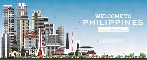 benvenuto per Filippine città orizzonte con grigio edifici e blu cielo. vettore
