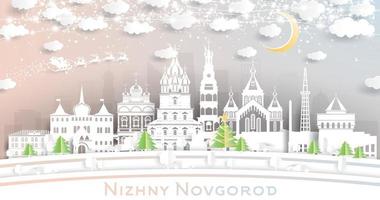 nizhny novgorod Russia città orizzonte nel carta tagliare stile con fiocchi di neve, Luna e neon ghirlanda. vettore