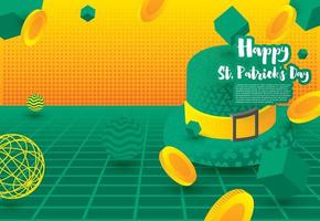 santo Patrick giorno festivo bandiera con verde 3d cappello e caduta d'oro monete con verde cubi e sfere. vettore