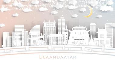 ulaanbaatar Mongolia città orizzonte nel carta tagliare stile con fiocchi di neve, Luna e neon ghirlanda. vettore