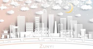 zunyi Cina città orizzonte nel carta tagliare stile con bianca edifici, Luna e neon ghirlanda. vettore