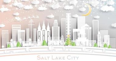 sale lago città Utah città orizzonte nel carta tagliare stile con fiocchi di neve, Luna e neon ghirlanda. vettore